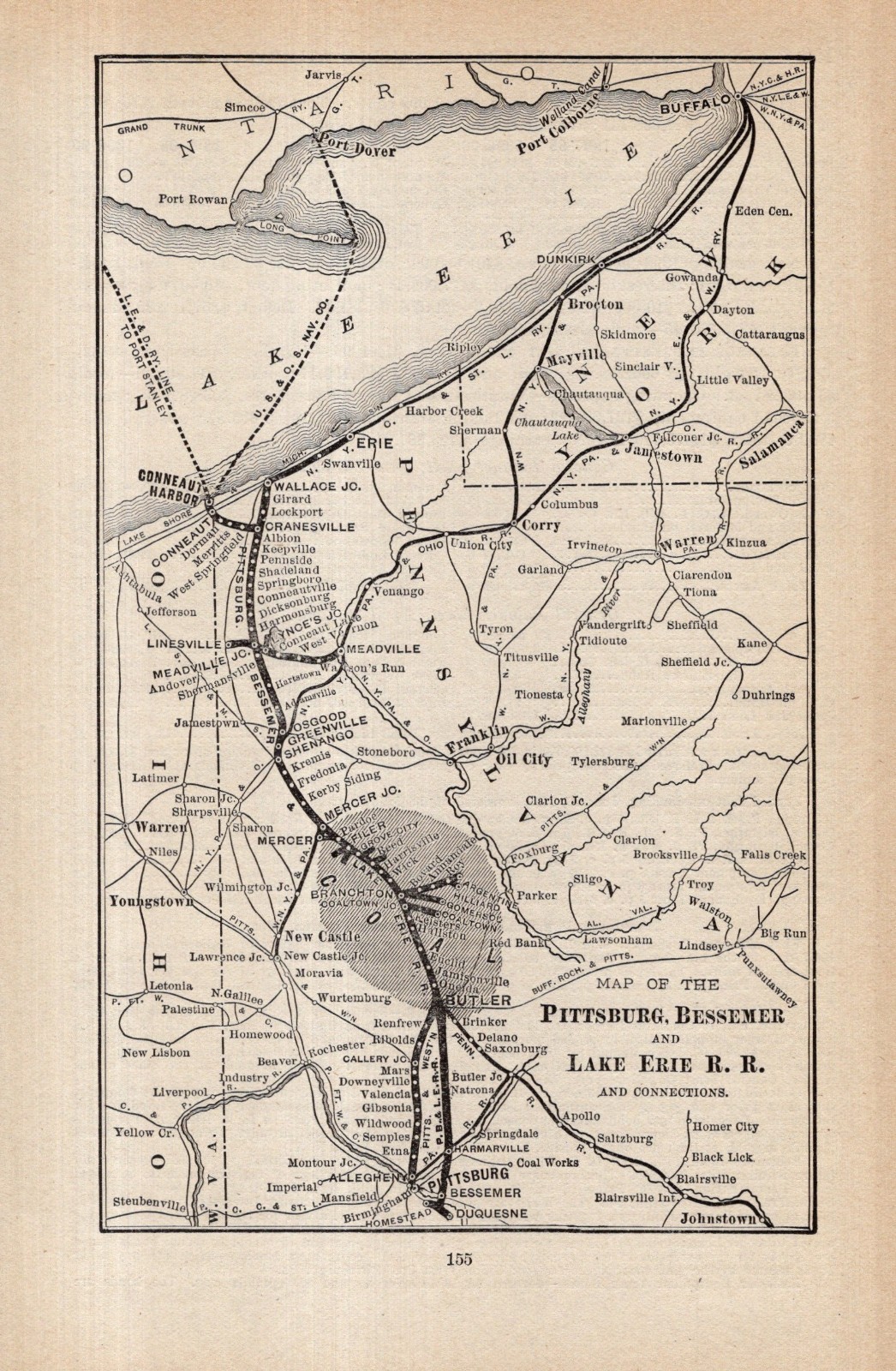 1900 Antique Pittsburg Bessemer & Lake Erie Railroad Map Vintage Railway  2898
