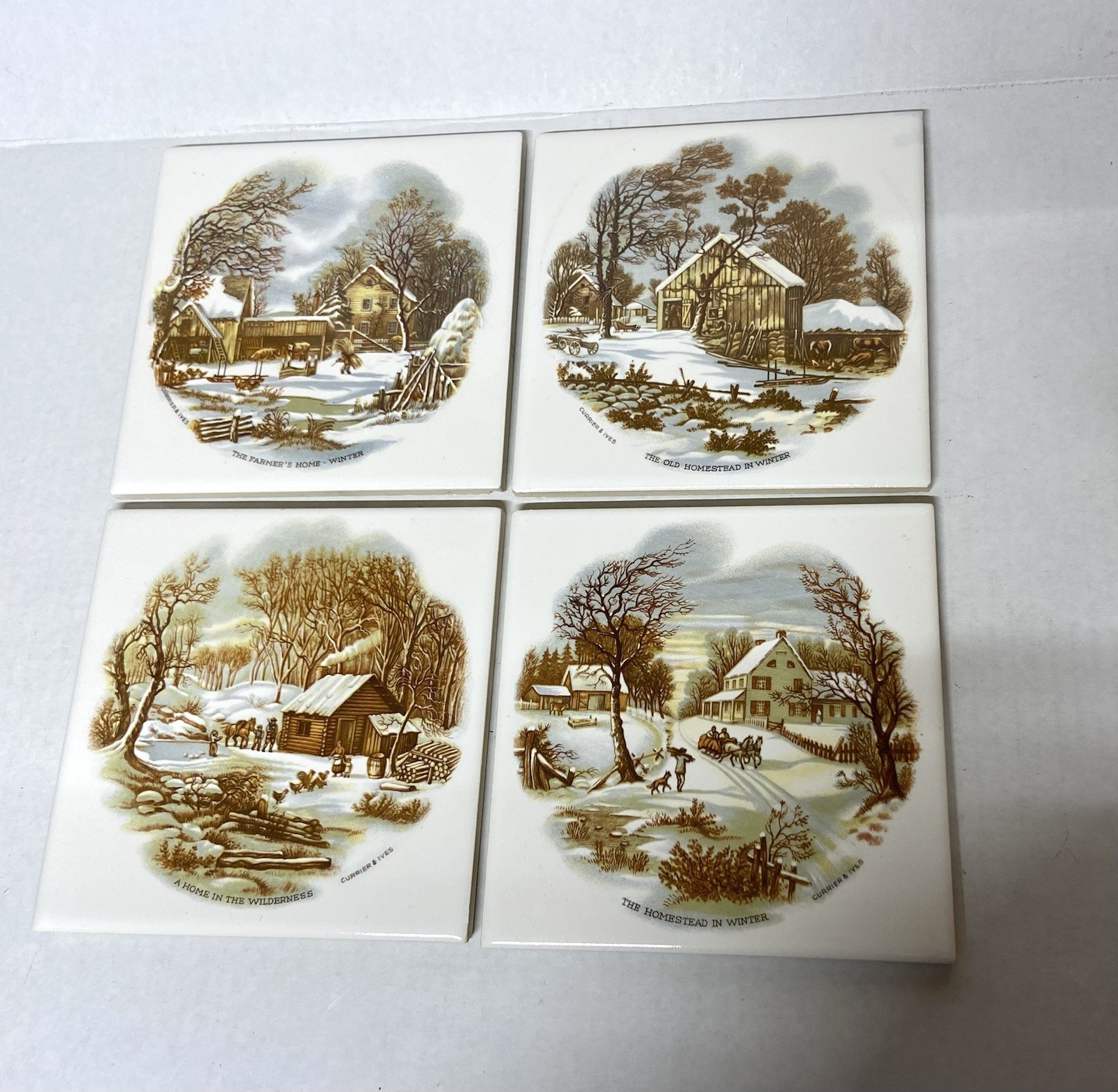 VTG Currier & Ives Winter Scene Ceramic Tile Set Of 4 Decorative Art Tiles 6\ VTG Currier & Ives Winter Scene Ceramic Tile Set Of 4 Decorative Art Tiles 6\