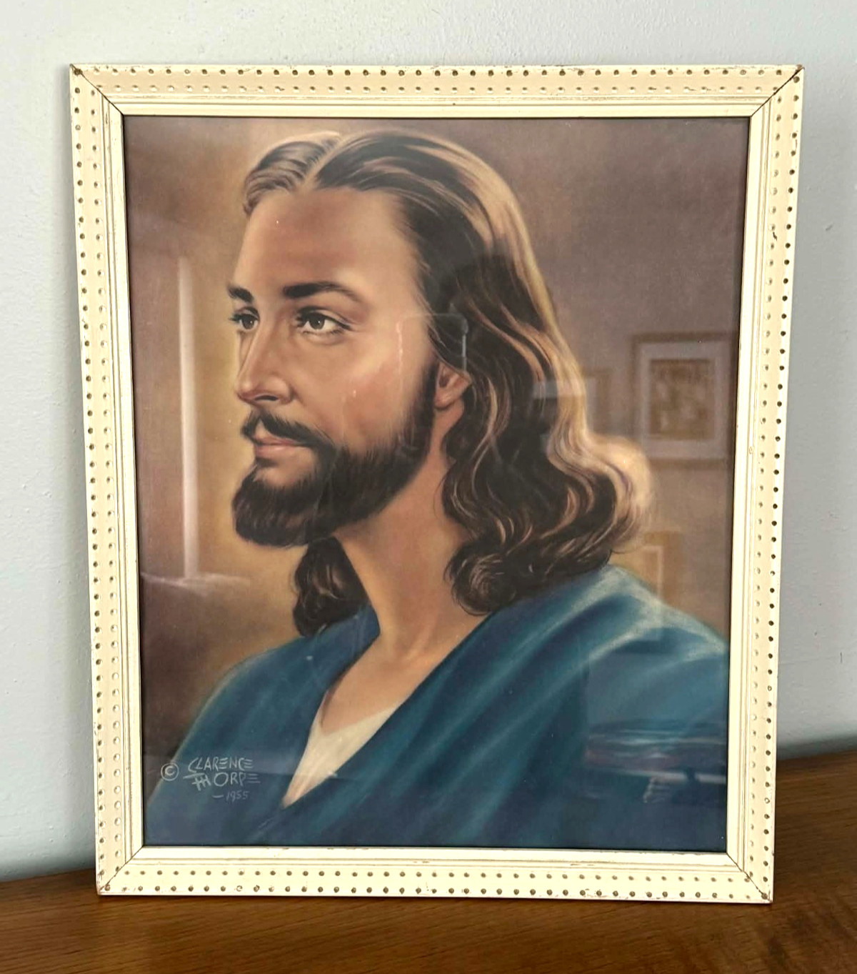 Vintage 1955 Jesus Christ Portrait Clarence Thorpe Framed Print 17x14 Christian