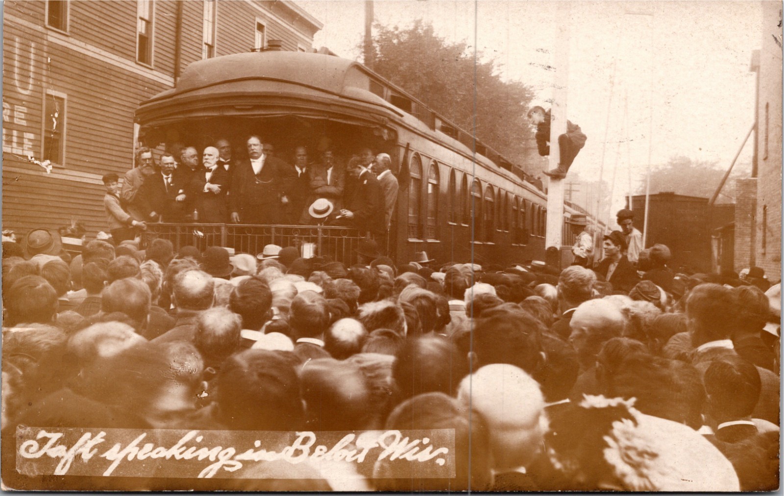 Vintage 1908 William Howard Taft Campaign Speech Beloit WI RPPC Train Crowd