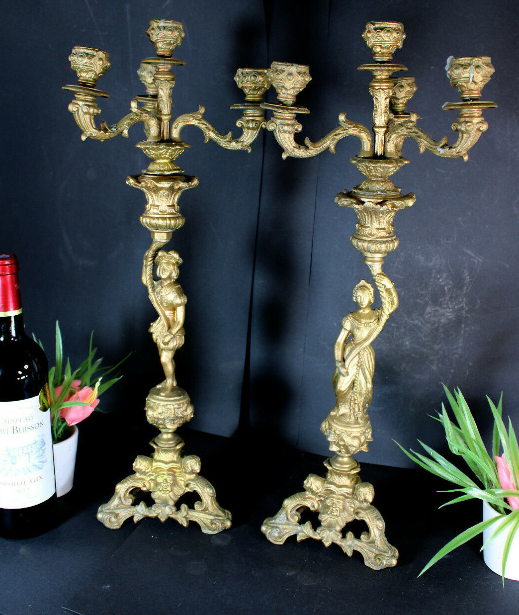 PAIR XL antique zamac metal Candelabras candle holder caryatid boy girl figurine