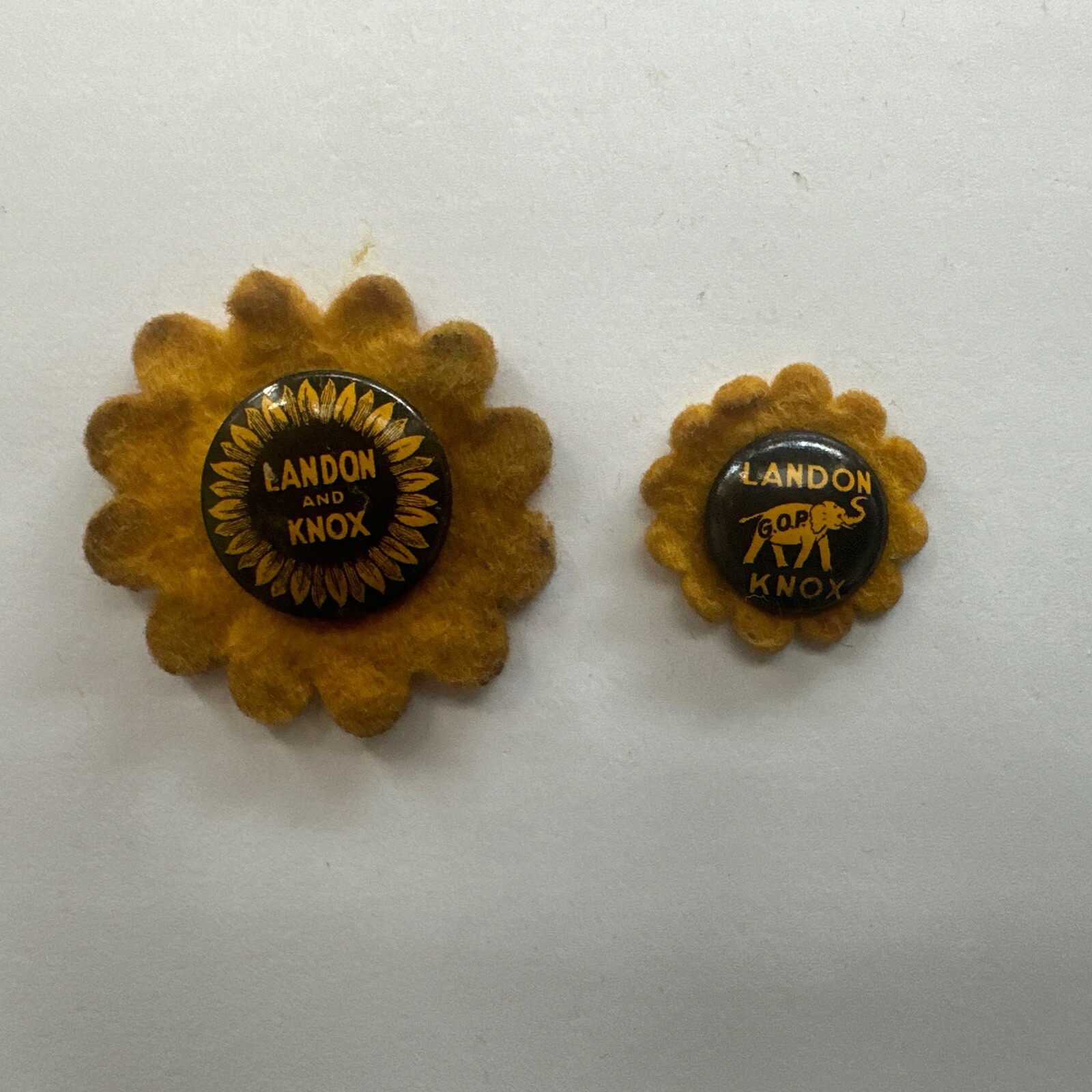 Two 1936 ALFRED ALF LANDON FRANK KNOX PRESIDENT Sunflower campaign buttons