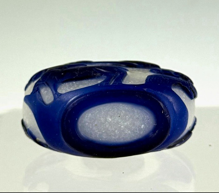 Antique Chinese Blue & White Carved Peking Glass Snuff Bottle w/ Stopper, Animal