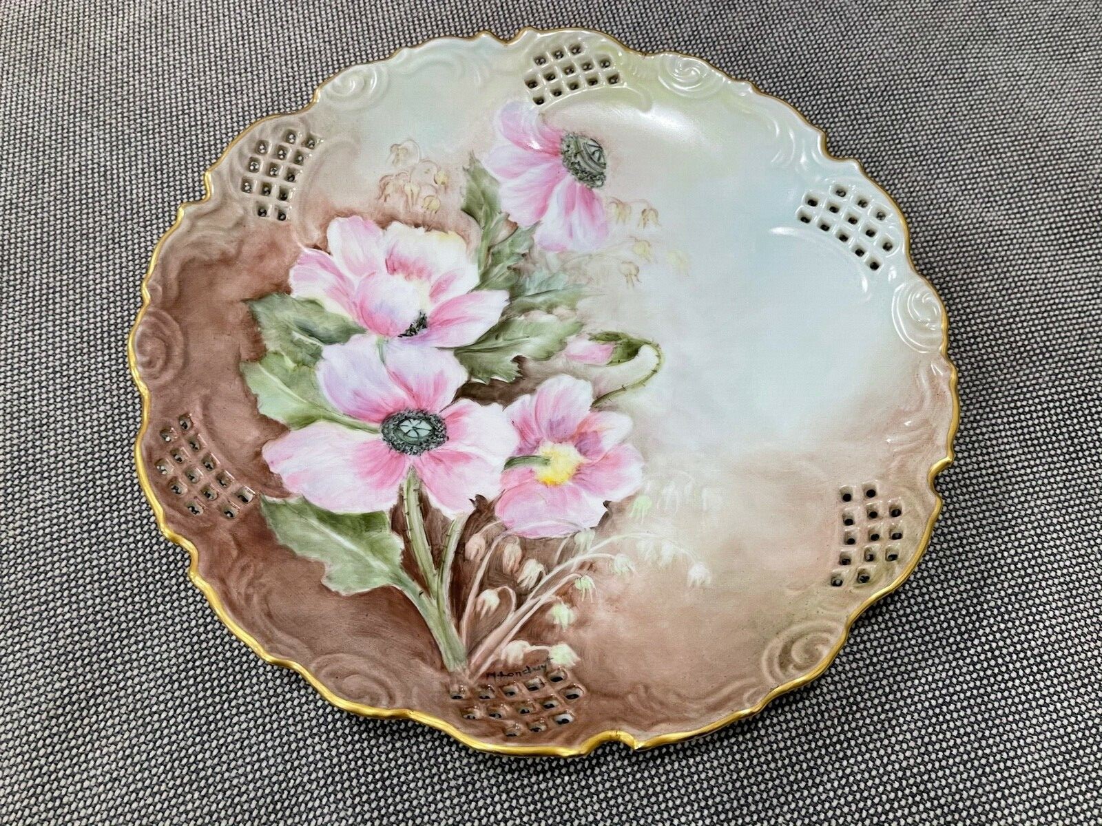 Antique Pierced Porcelain Cabinet Plate w/ Pink Flowers Signed M. Landuyr Antique Pierced Porcelain Cabinet Plate w/ Pink Flowers Signed M. Landuyr