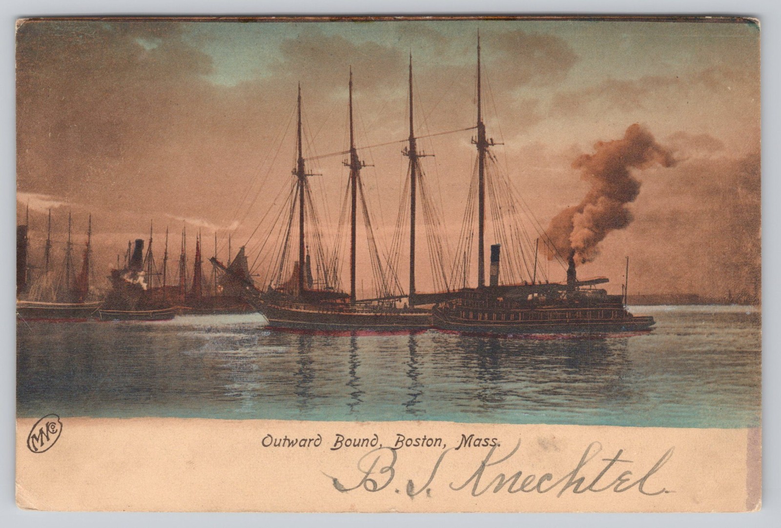 Boston Massachusetts Boston Harbor Steam Tug Sailing Ships Divided Back Postcard