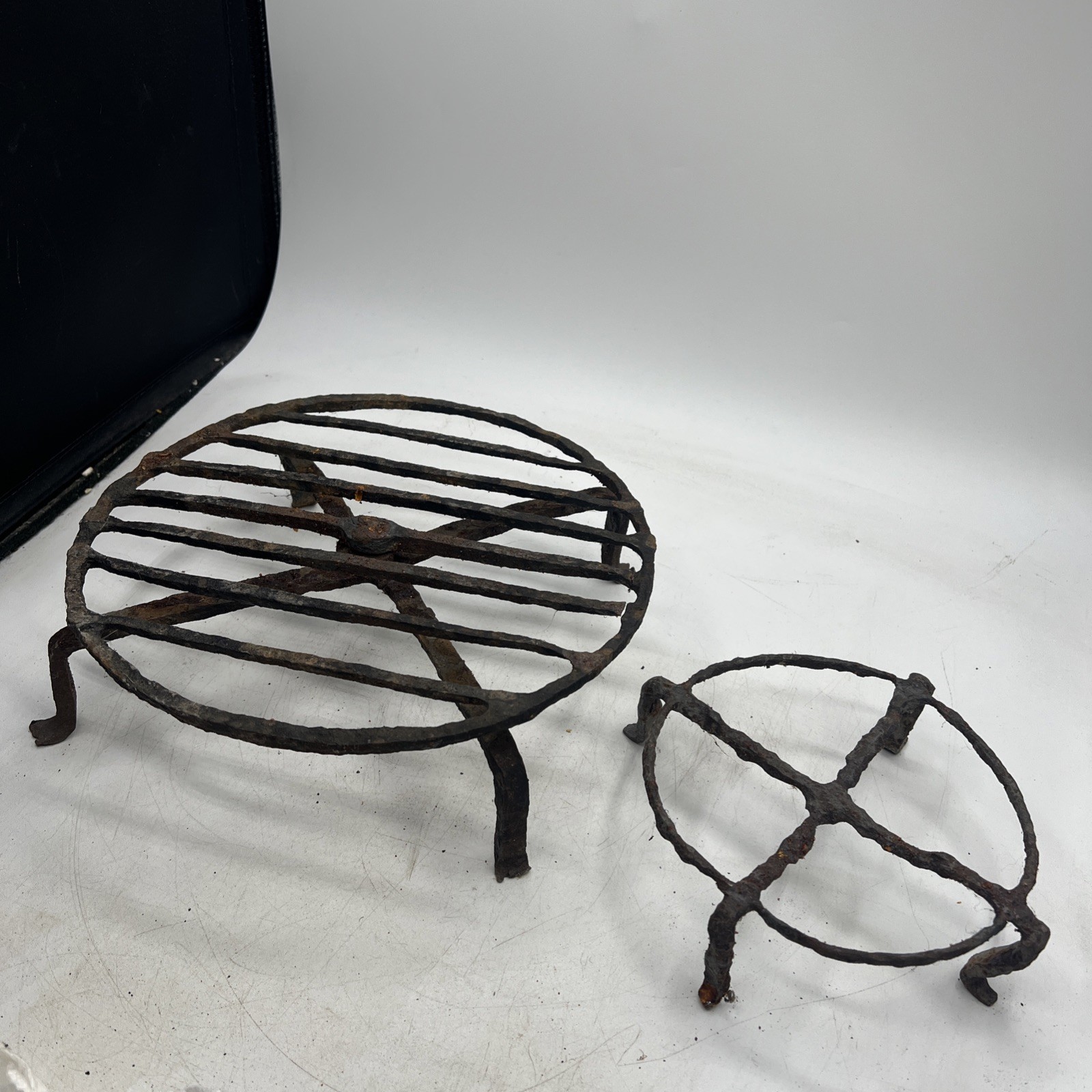 Antique Hand Forged Iron Trivet for Fire Kettle Cooking Pot Stand Round Set Of 2