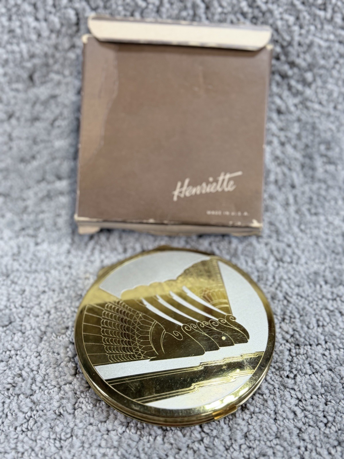 Vtg 1930s Henriette Art Deco Swan Powder Compact Gold Silver Tone Box Puff USA 