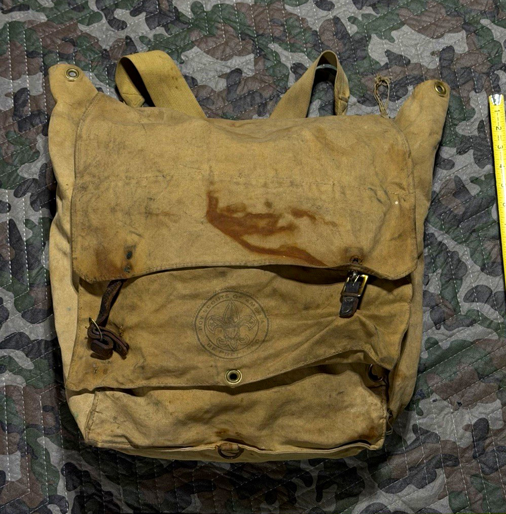 1950’s BSA Vintage Tan Canvas Rucksack w/ Web Straps, Metal Hardware