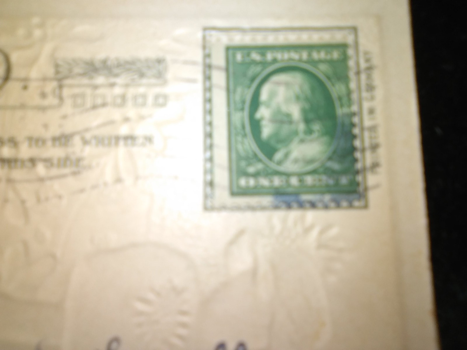 original 1910-1915 rare post card with collectible bejamin franklin 1 cent stamp
