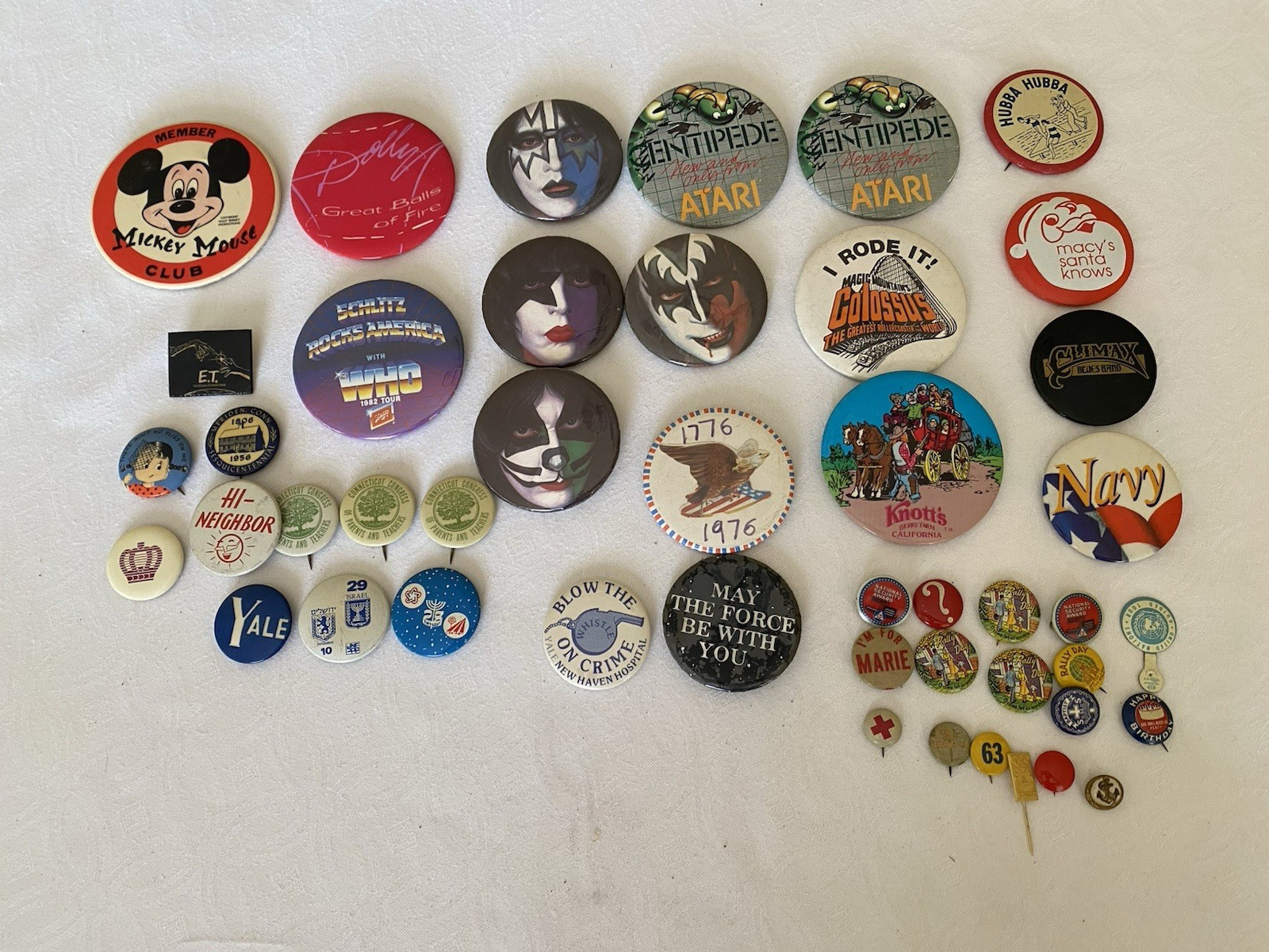 Huge Vintage Pin Button Lot 60+ KISS Atari 1984 Olympics Brooches Coins Patch Huge Vintage Pin Button Lot 60+ KISS Atari 1984 Olympics Brooches Coins Patch