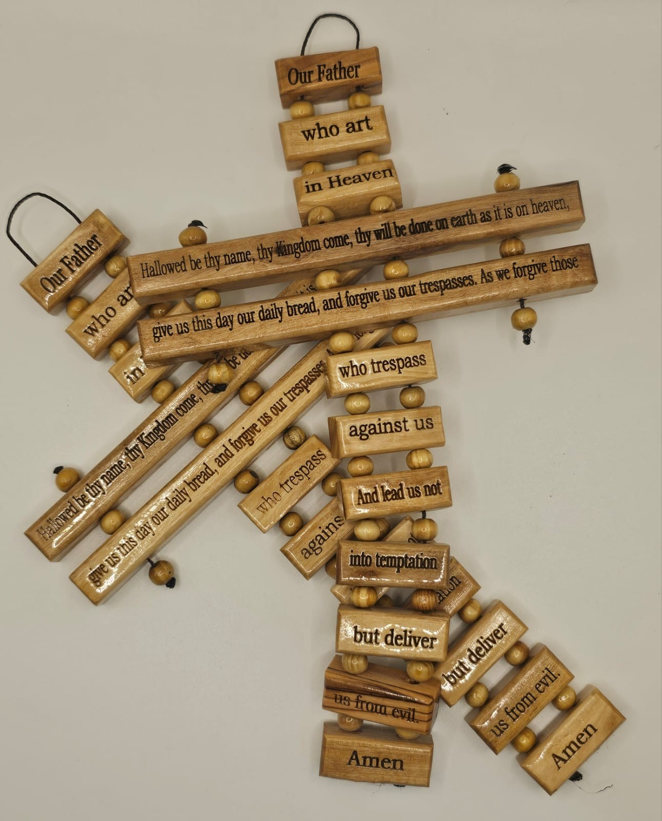 Olive Wood Lord's Prayer Cross: Handcrafted Holy Land Decor (23cm)