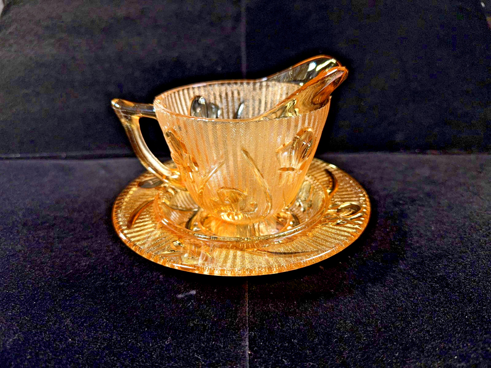 Art Deco Amber Depression Glass Creamer & Saucer Jeannette Iris & Herringbone