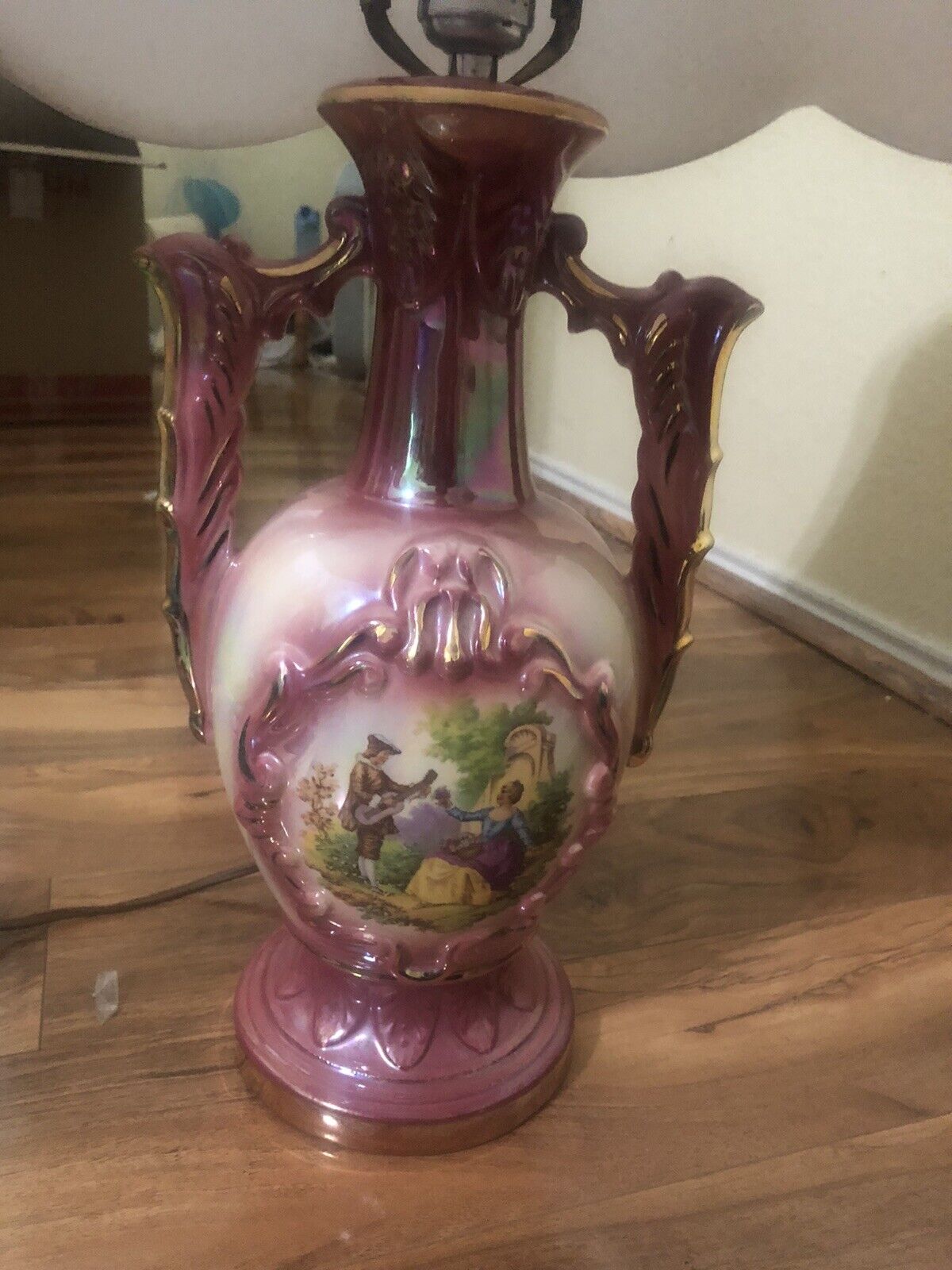 Antique Pink Porcelain Lamp With George Washington And Martha Colonial Works