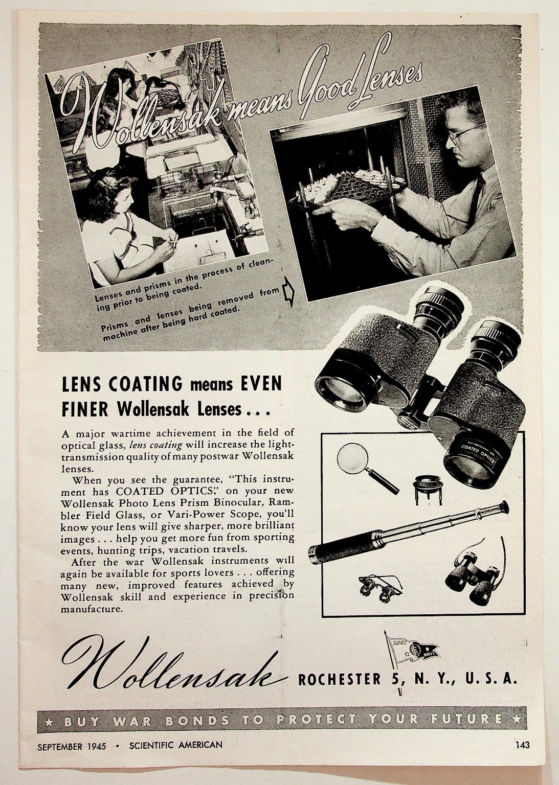 Wollensak 1945 Scientific American Magazine Ad WWII Optics Binoculars Wollensak 1945 Scientific American Magazine Ad WWII Optics Binoculars