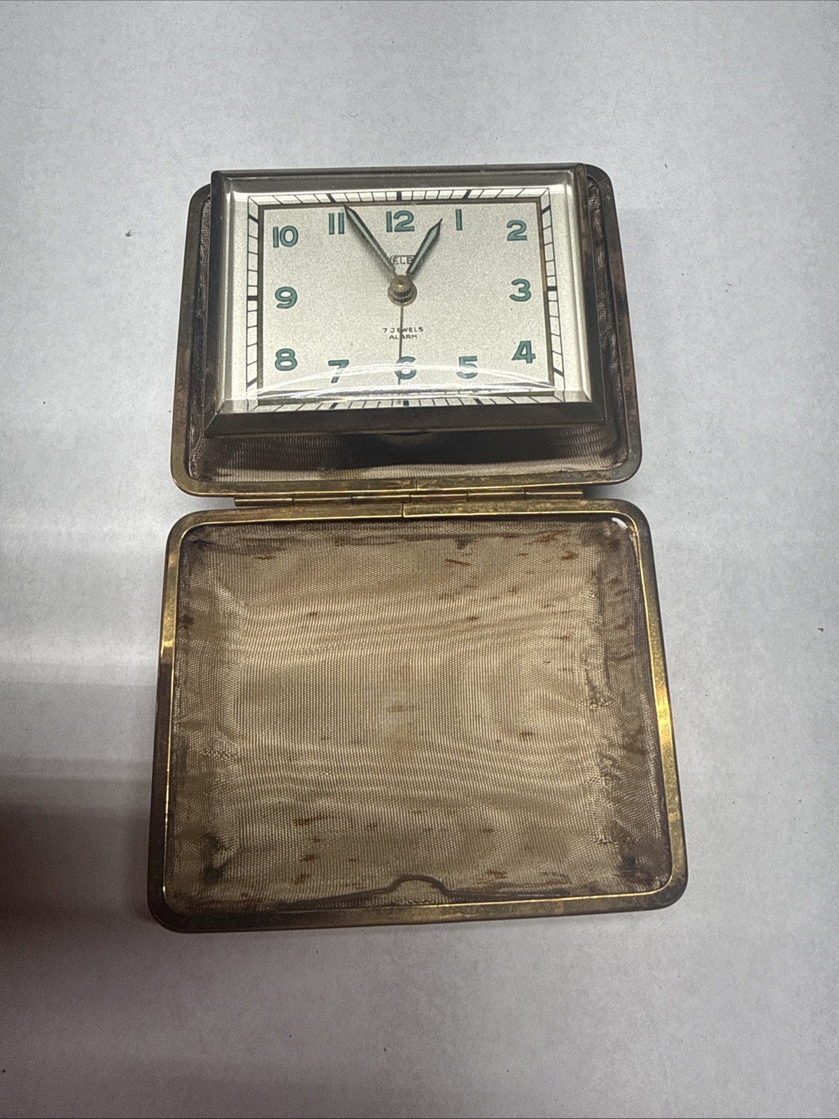 VINTAGE WELBY MECHANICAL TRAVEL ALARM CLOCK 7 JEWELS GERMANY LEATHER CASE BROWN