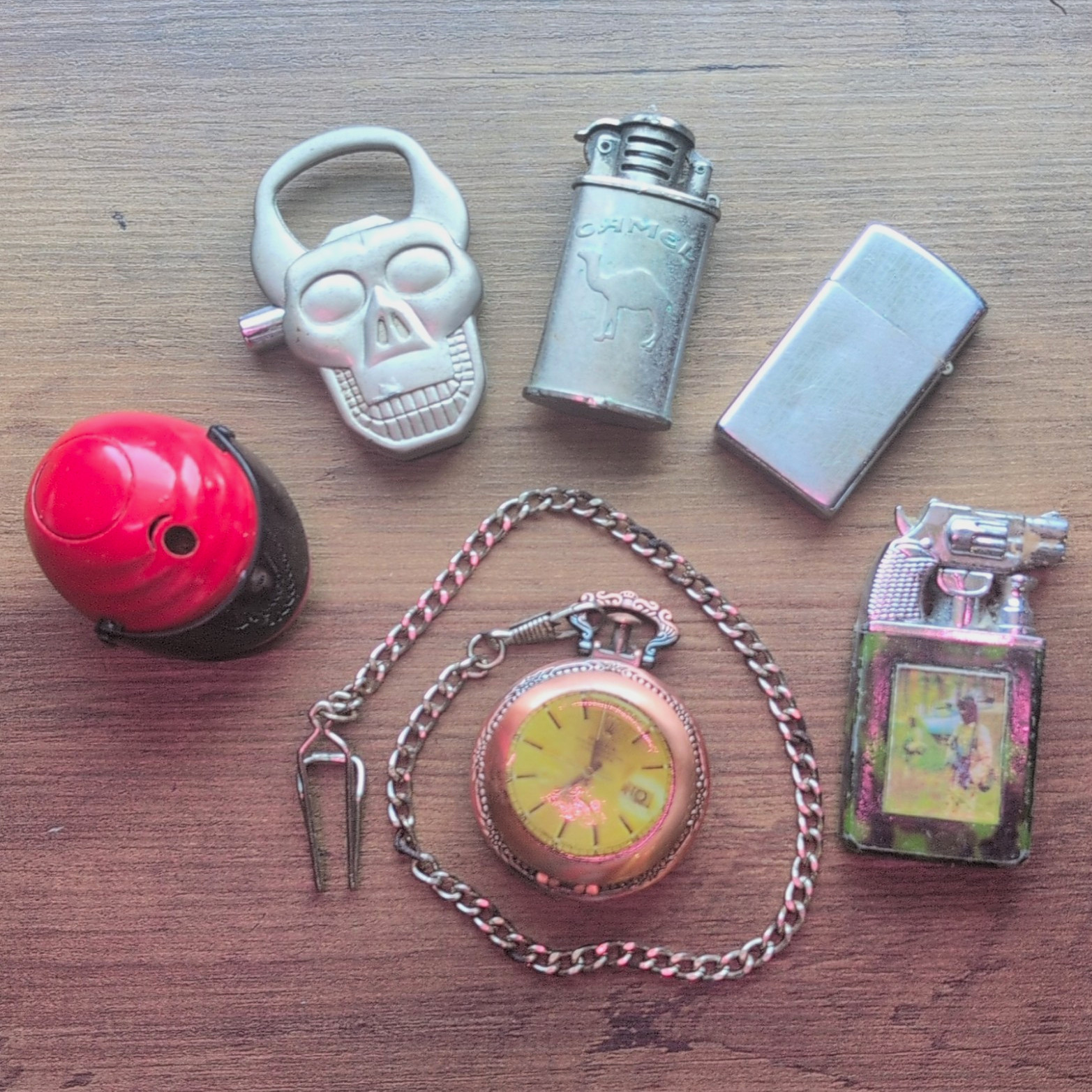 Lot of Mixed Collectible Novelty Lighters— Camel, Skull, Helmet, pocket watch, Lot of Mixed Collectible Novelty Lighters— Camel, Skull, Helmet, pocket watch,