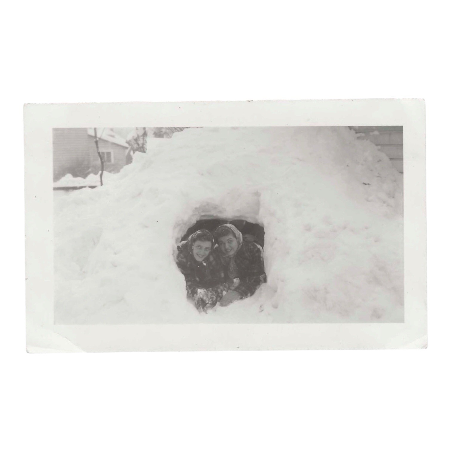 Vintage Snapshot Photo Two Women Inside Snow Igloo Winter Vernacular Photograph