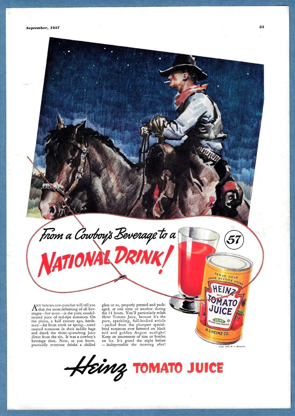1937 HEINZ TOMATO JUICE AD ~  COWBOY'S BEVERAGE TO A NATIONAL DRINK 3 bonus ads