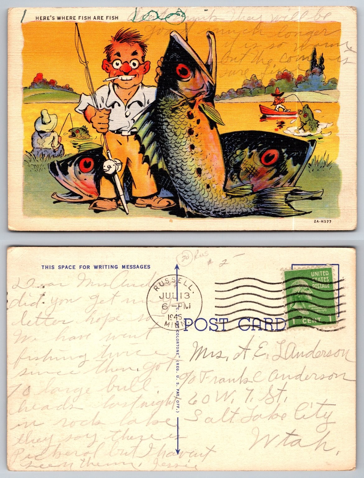 1945 Russell KS Postcard Funny Fisherman Huge Fish Cartoon Colortone 1945 Russell KS Postcard Funny Fisherman Huge Fish Cartoon Colortone
