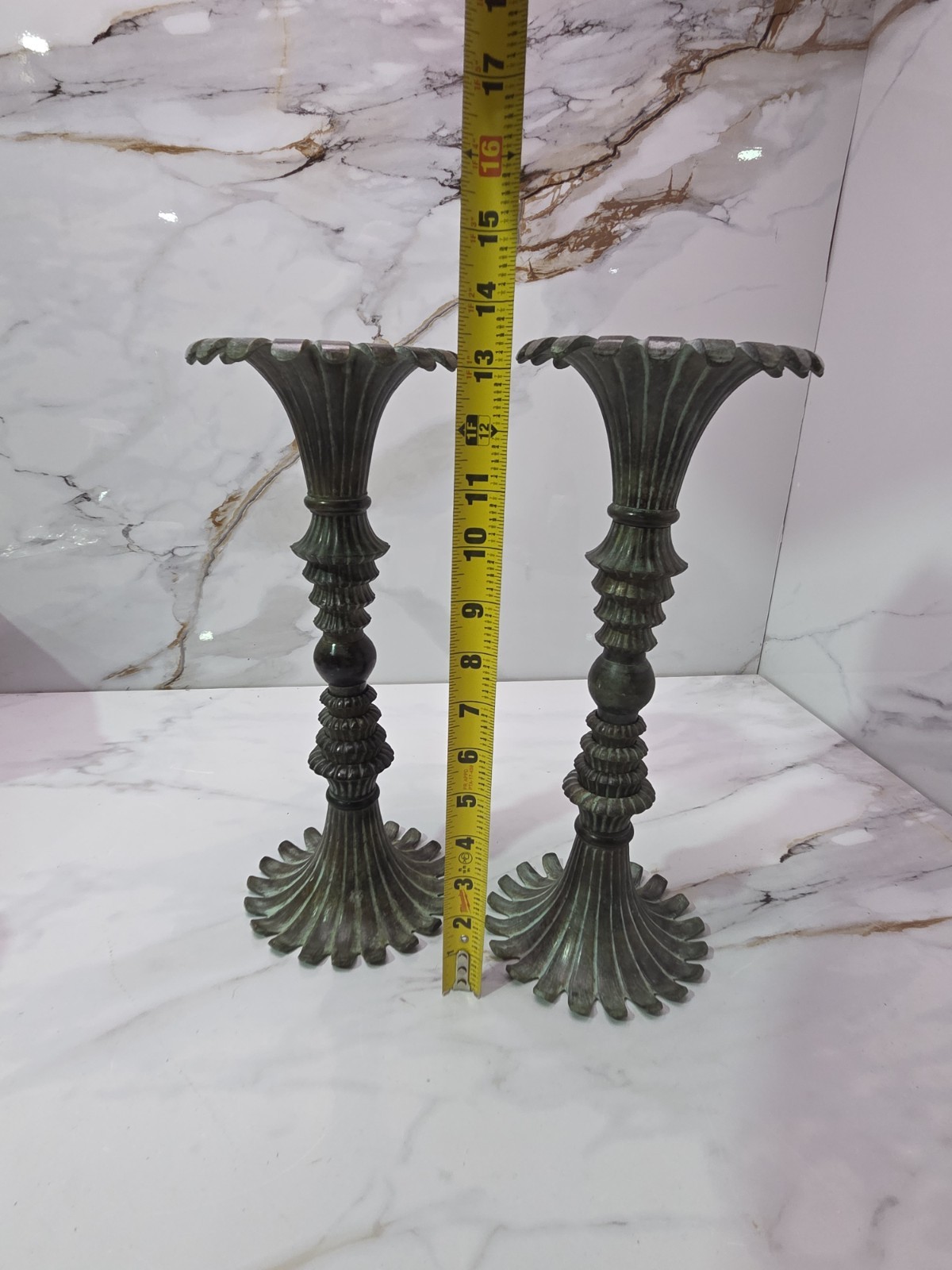 Art Deco Revival Verdigris Fluted Candle Holders Pair Vintage Large Art Deco Revival Verdigris Fluted Candle Holders Pair Vintage Large