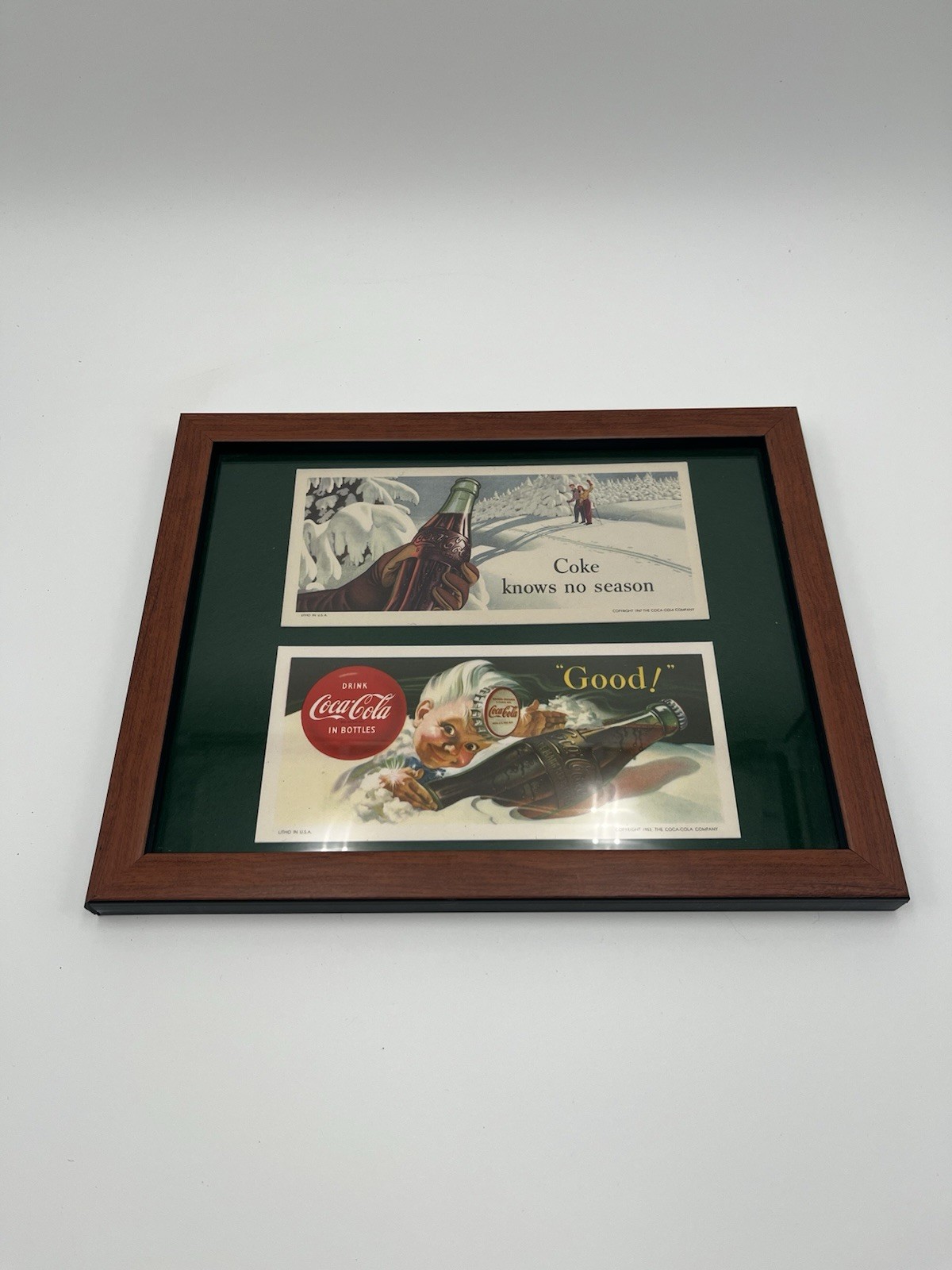 Vintage Framed Coca-Cola Coke Lithos USA 1947 & 1953 Winter Nostalgia ￼
