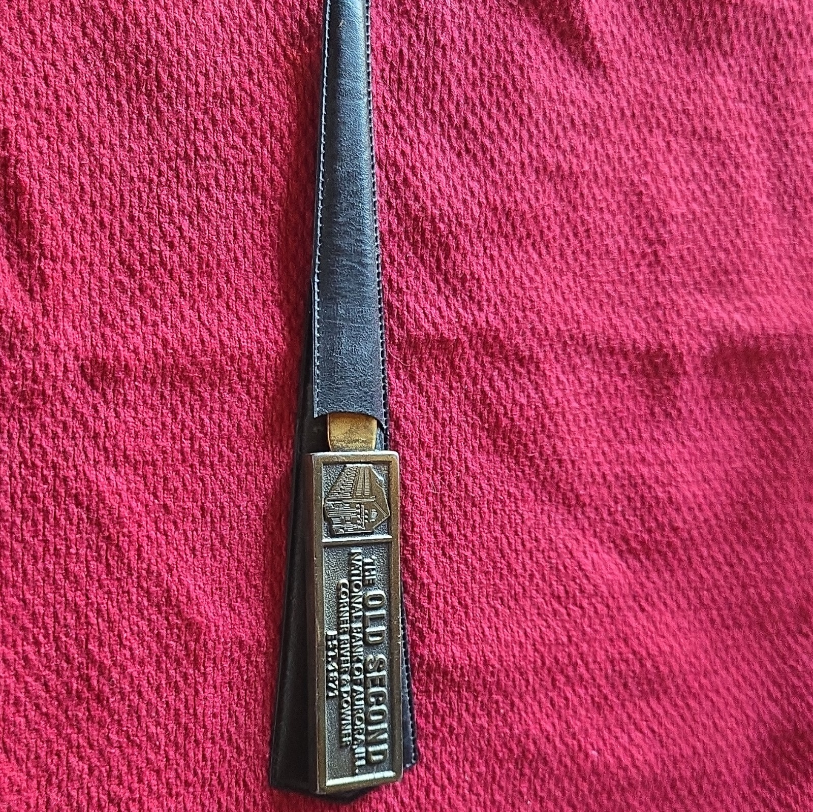 Old Second National Bank Aurora IL Metal Letter Opener with Leather Sheath