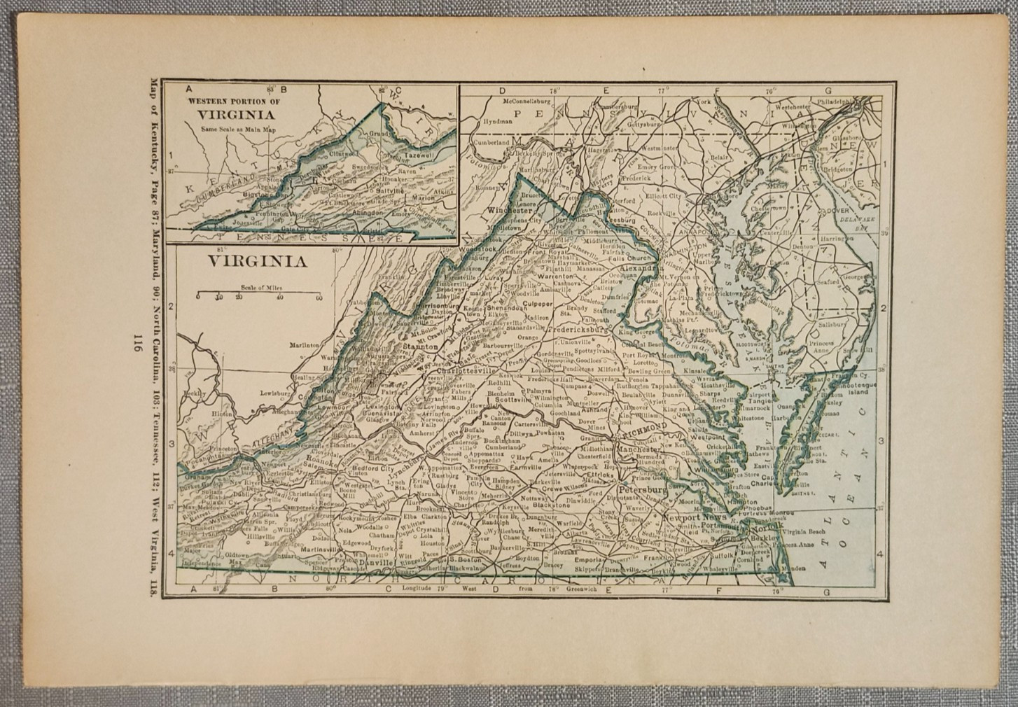 1923 Virginia State Map Print Page Color Plate