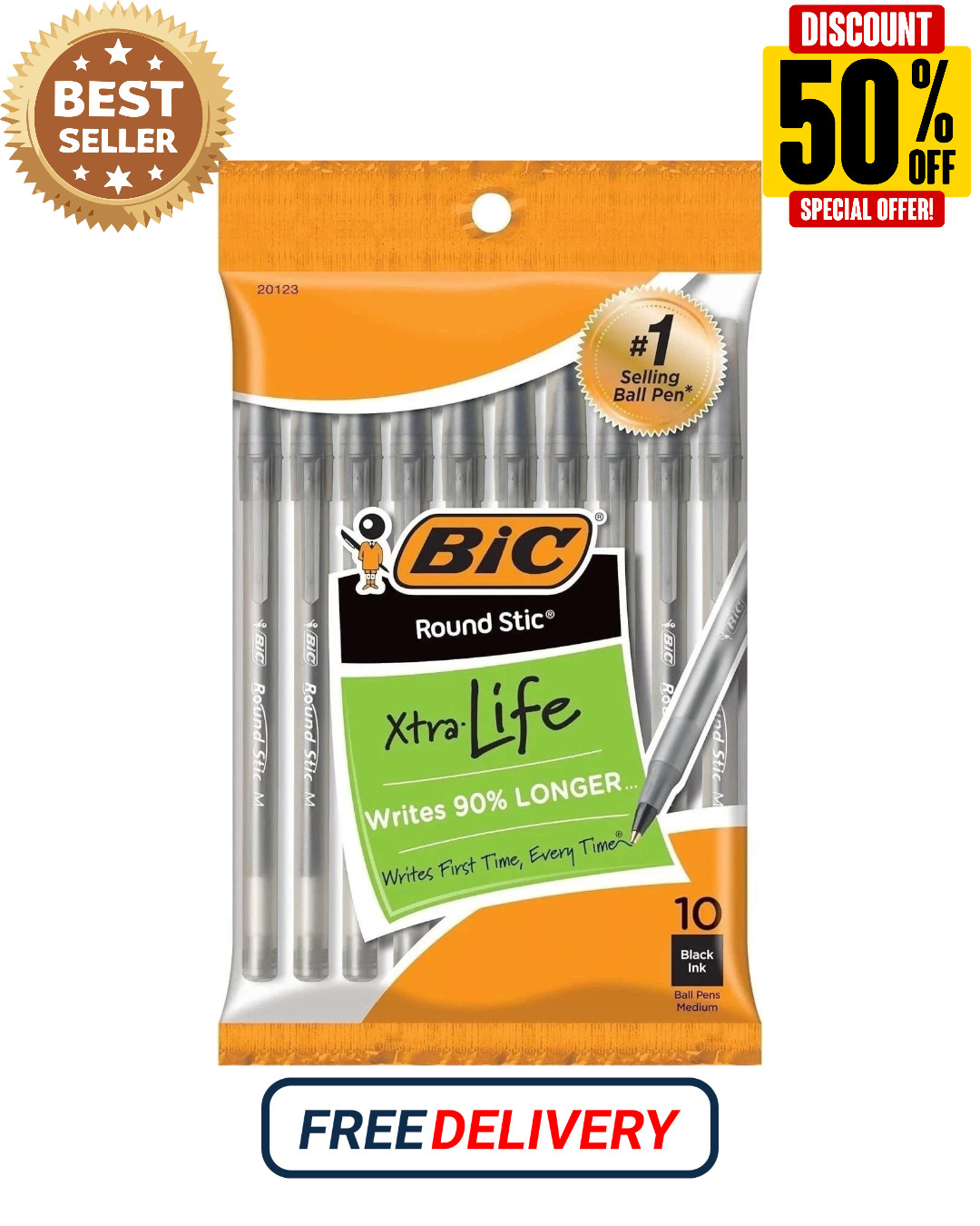 Pack of 10 Ballpoint Pen - Black Ink Ball Point Pens for Office Writing School