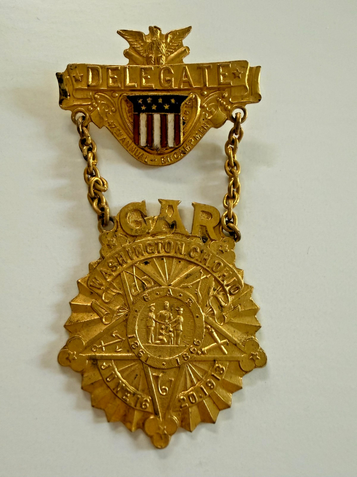 Antique 1913 G.A.R. Ohio Delegate Medal - Washington Court House - Gold Gilt