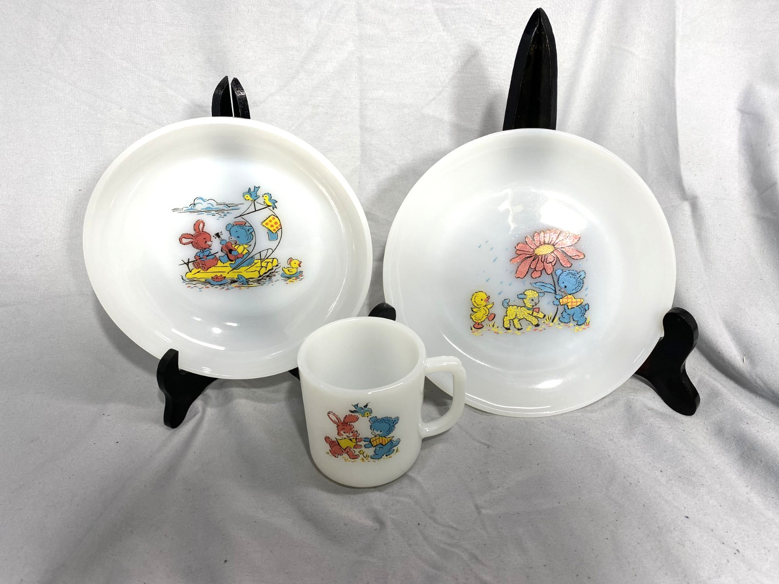 Fire King Kiddie Mealtime Set Vintage Oven Ware Plate Bowl, Mug Bear Rabbit Lamb