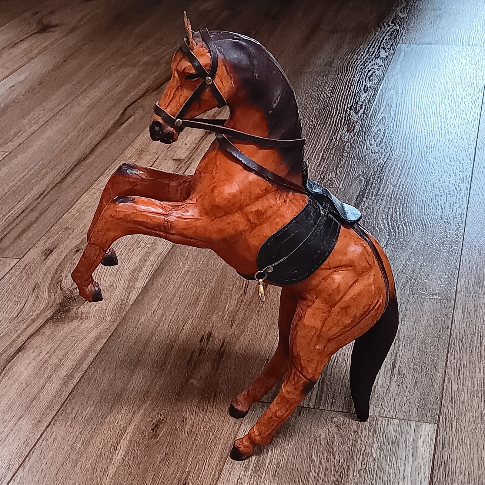 Vintage Leather Covered Rearing Horse Sculpture W/Saddle & Bridle Glass Eyes