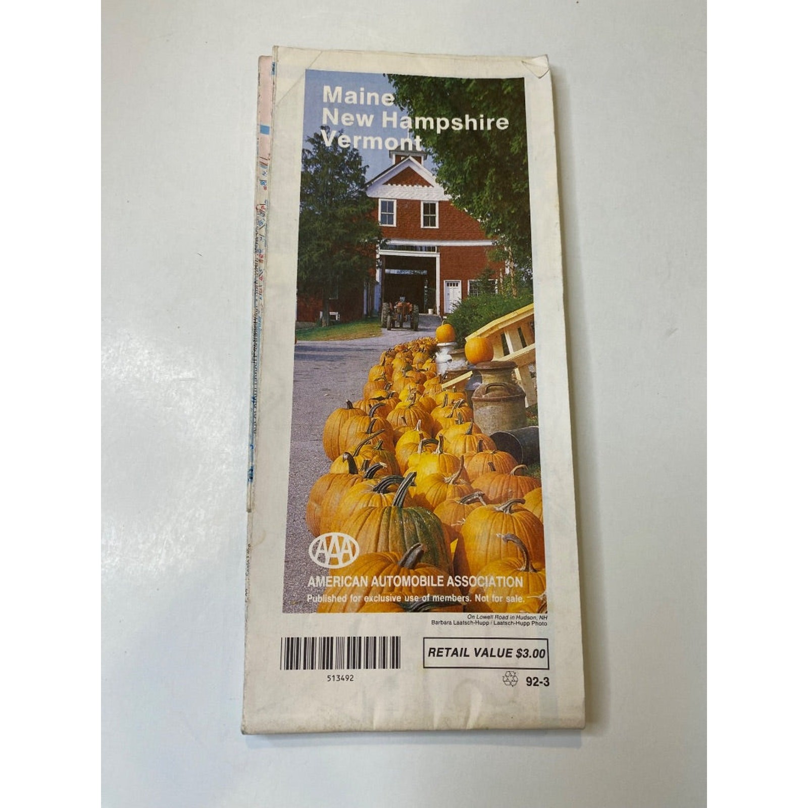 1992 AAA Main New Hampshire Vermont Foldable Map 92-3