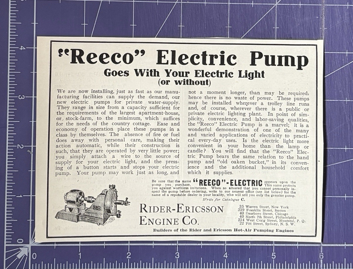 1910 PRINT AD REECO ELECTRIC PUMP RIDER-ERICSSON ENGINE COMPANY 1910 PRINT AD REECO ELECTRIC PUMP RIDER-ERICSSON ENGINE COMPANY