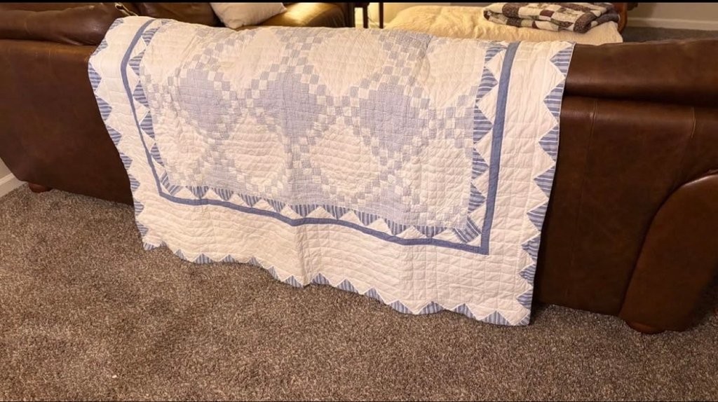 Vintage Blue and White Irish Chain Hand-Quilted Patchwork Quilt