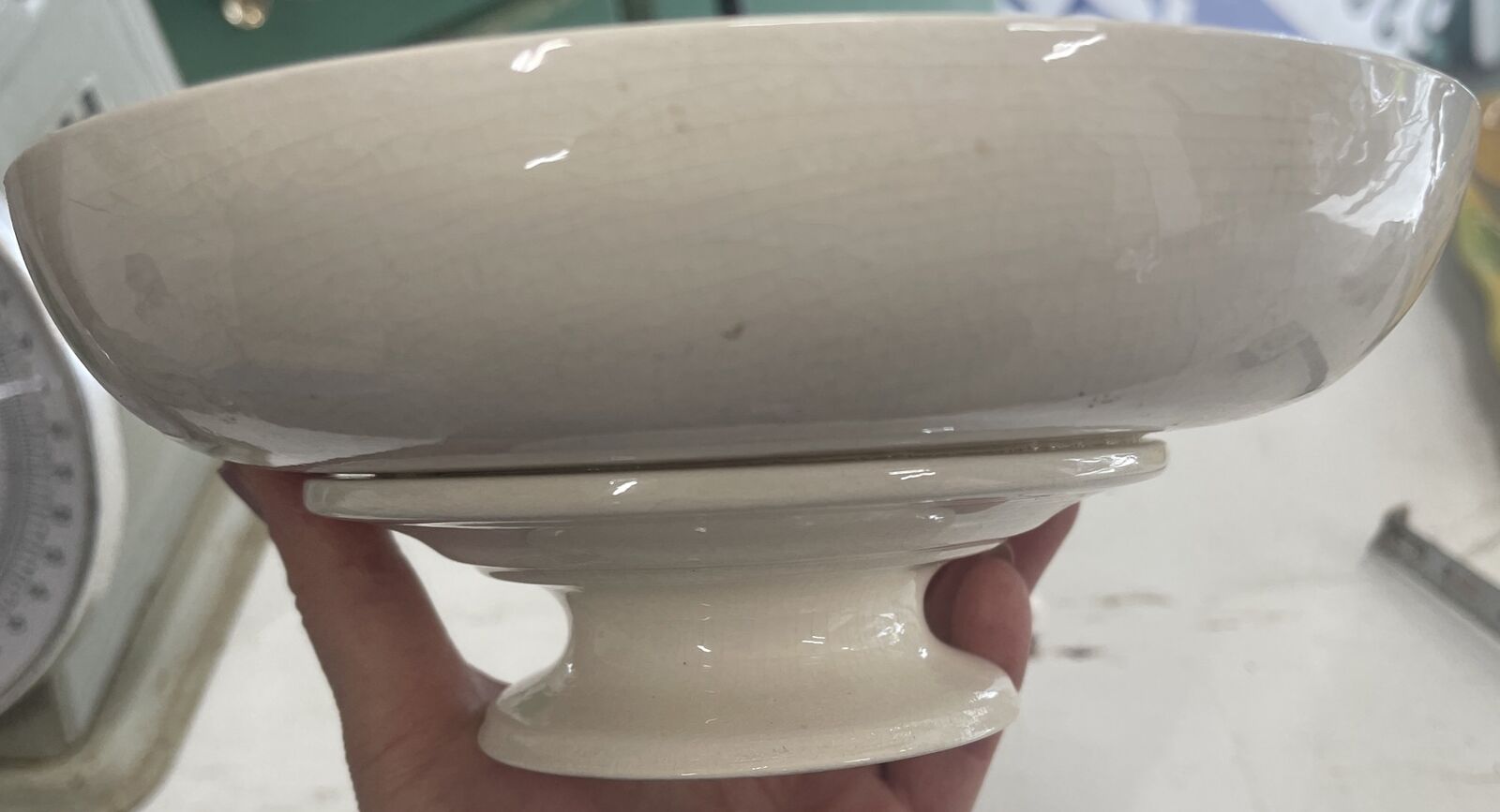 Vintage Shallow Pedestal 8” Serving Bowl Dish Crazed & Chippy Off White