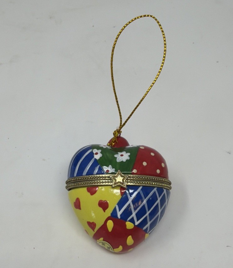 Vintage Heart Shaped Glass Christmas Ornament Hinged Trinket Box Patchwork Vintage Heart Shaped Glass Christmas Ornament Hinged Trinket Box Patchwork