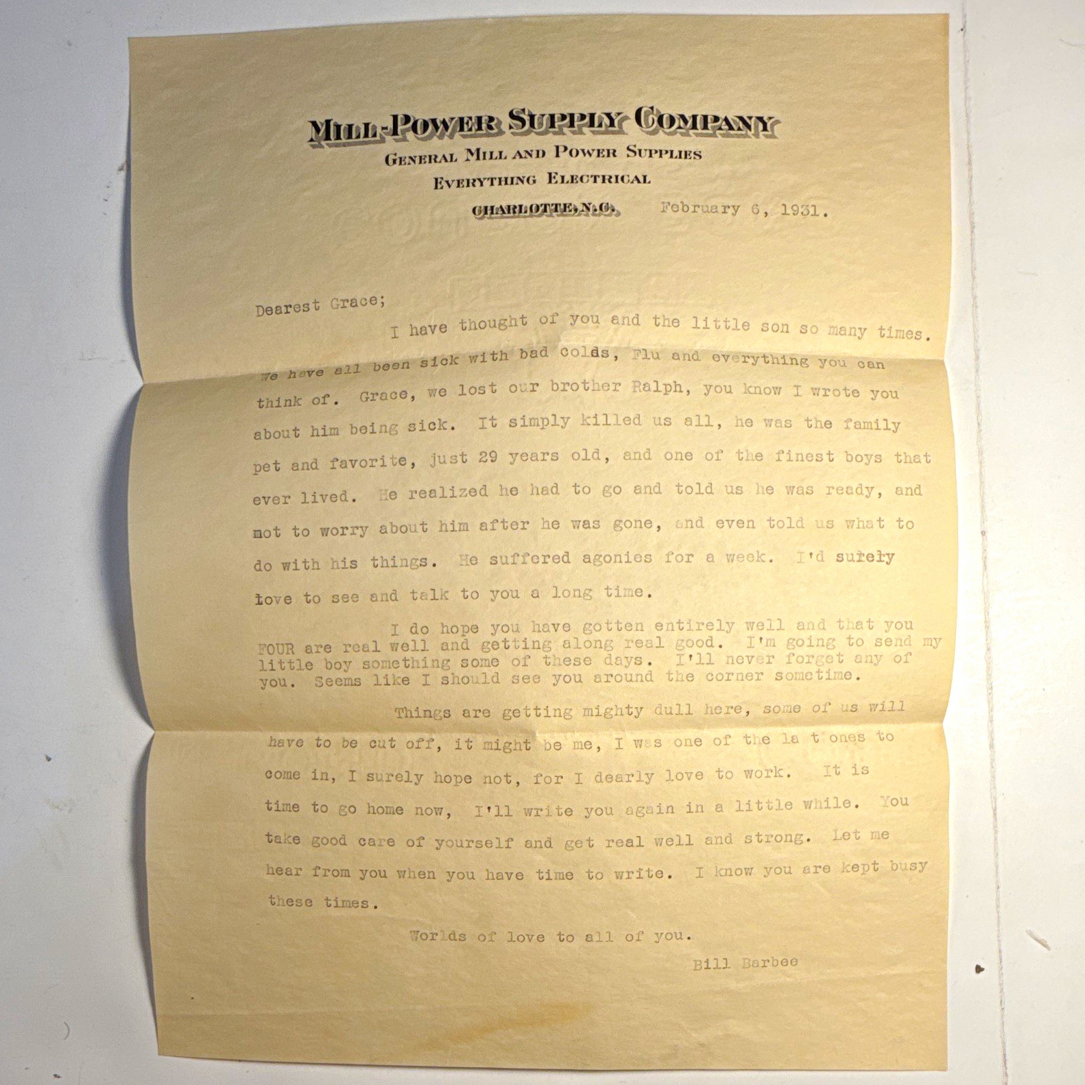1931 Great Depression Letter Mill-Power Supply Charlotte NC Employment carolina