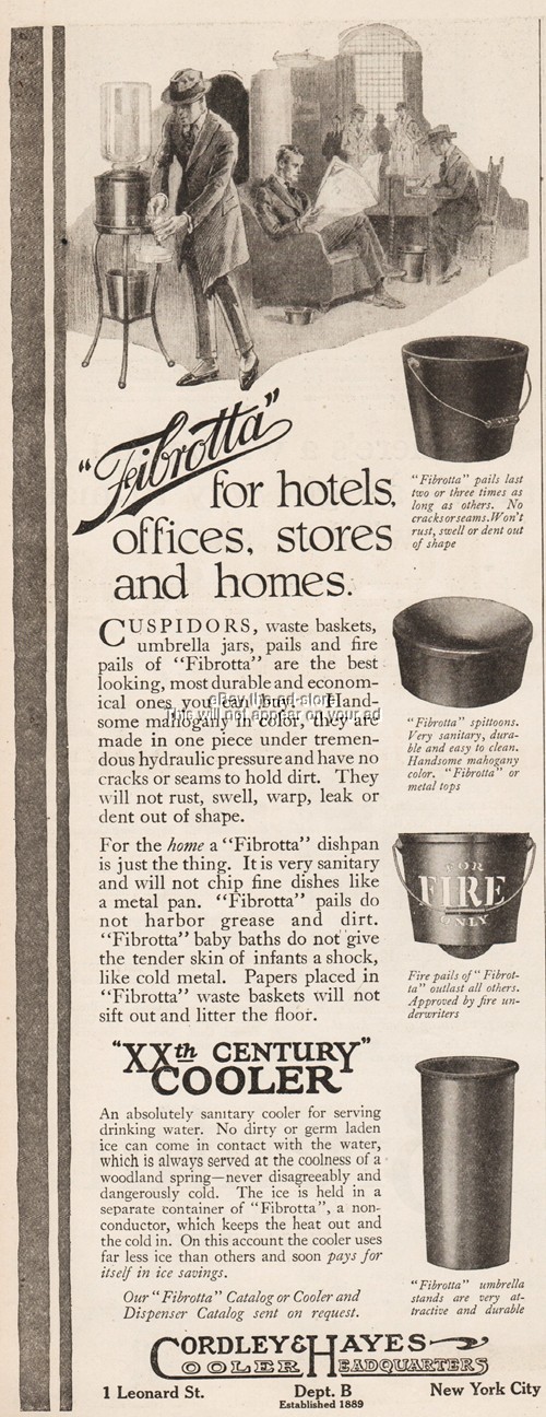 1920 Cordley and Hayes New York Fibrotta Spittoon Fire Pail Umbrella Stand Ad
