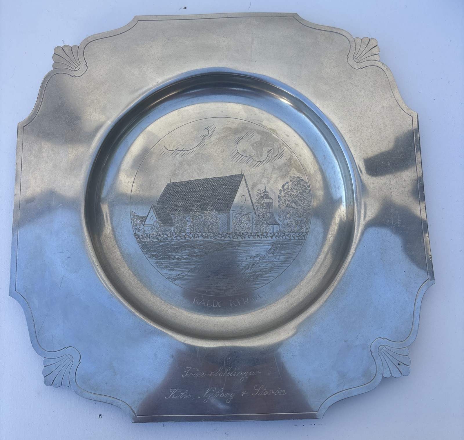 Vintage Swedish Pewter Plate Kalix Kyrka Church made by GAB Tenn Sweden