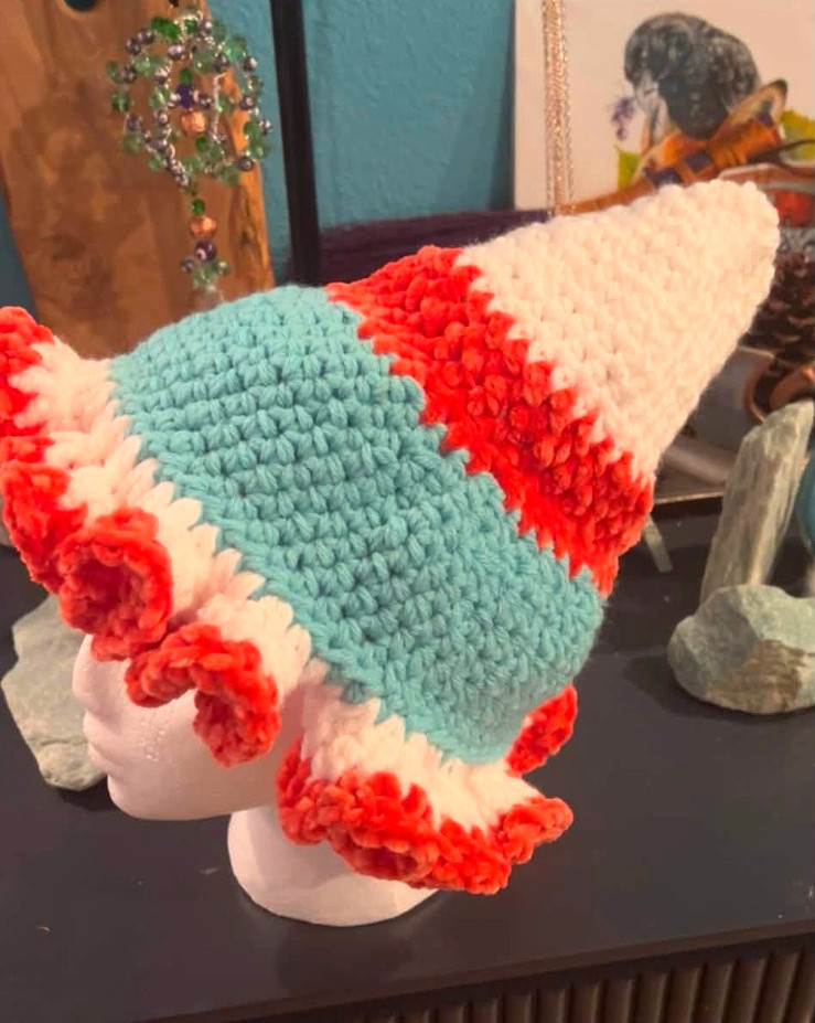 SALE Hand Crochet Witch Made Coral White Turquoise Boho Halloween SIZE LARGE Hat