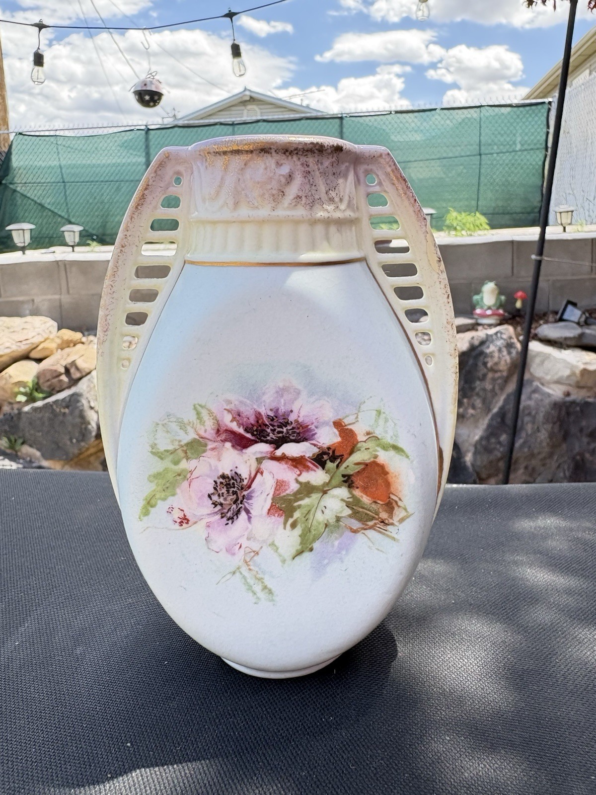 Antique Austrian Porcelain Vase Art Nouveau Hand Painted Reticulated Circa 1900