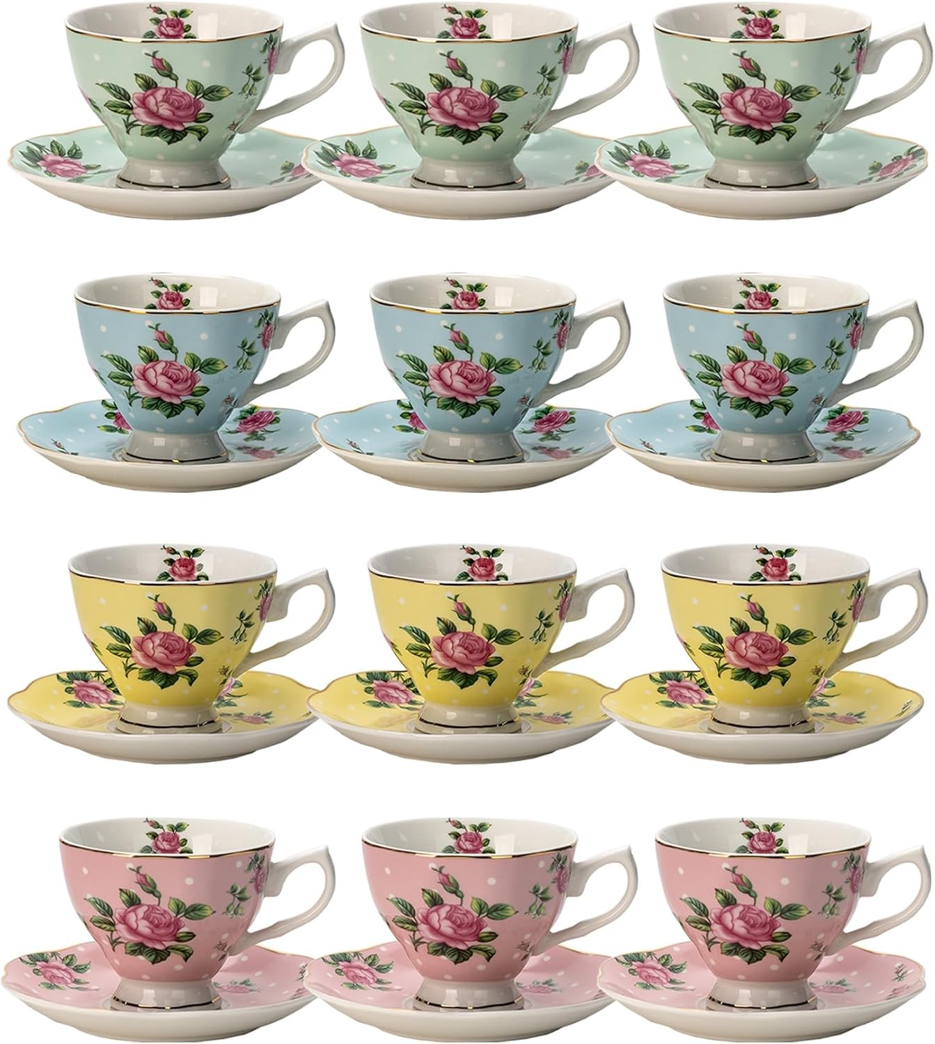 BTaT- Floral Tea Cups and Saucers, Set of 12, 8 oz, Fine Porcelain Teacup Set BTaT- Floral Tea Cups and Saucers, Set of 12, 8 oz, Fine Porcelain Teacup Set