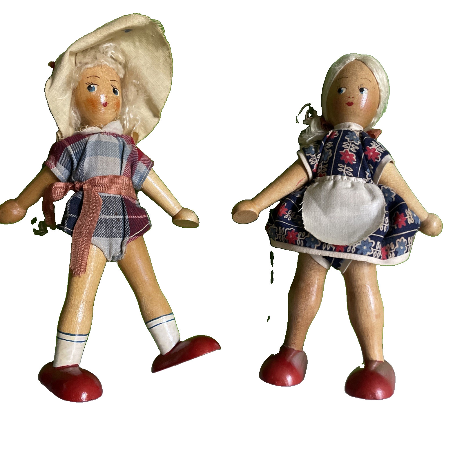 2 - Vintage Polish peg doll folk art wooden jointed girl blonde Made in Poland