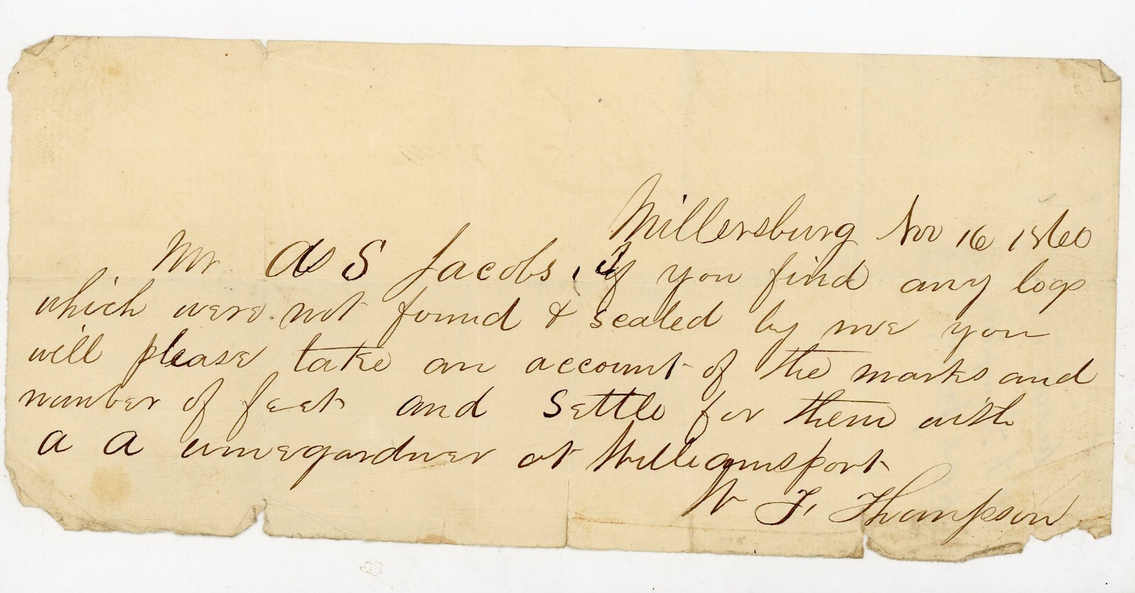 1860 Millersburg PA Handwritten Letter Logging AS Jacobs WJ Thompson Business 1860 Millersburg PA Handwritten Letter Logging AS Jacobs WJ Thompson Business