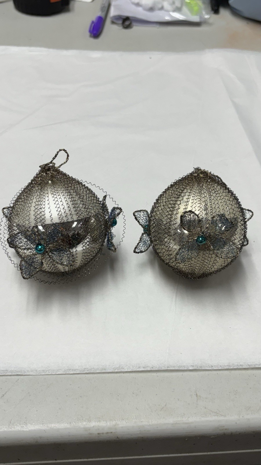 2 Antique W German Blown Glass wire wrapped Christmas ornaments w/Flowers