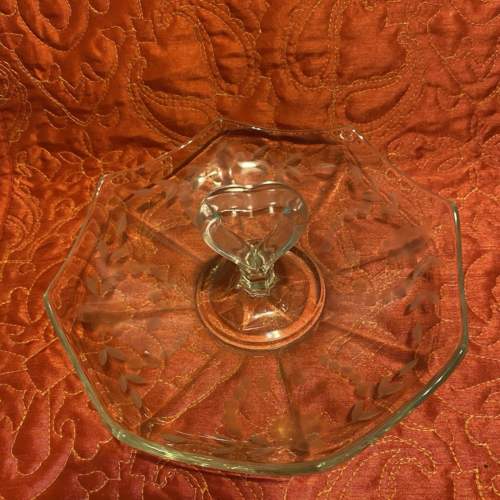 Vintage Elegant Serving Plate Classic Center Handled 1927-35 Etched Glass Floral Vintage Elegant Serving Plate Classic Center Handled 1927-35 Etched Glass Floral