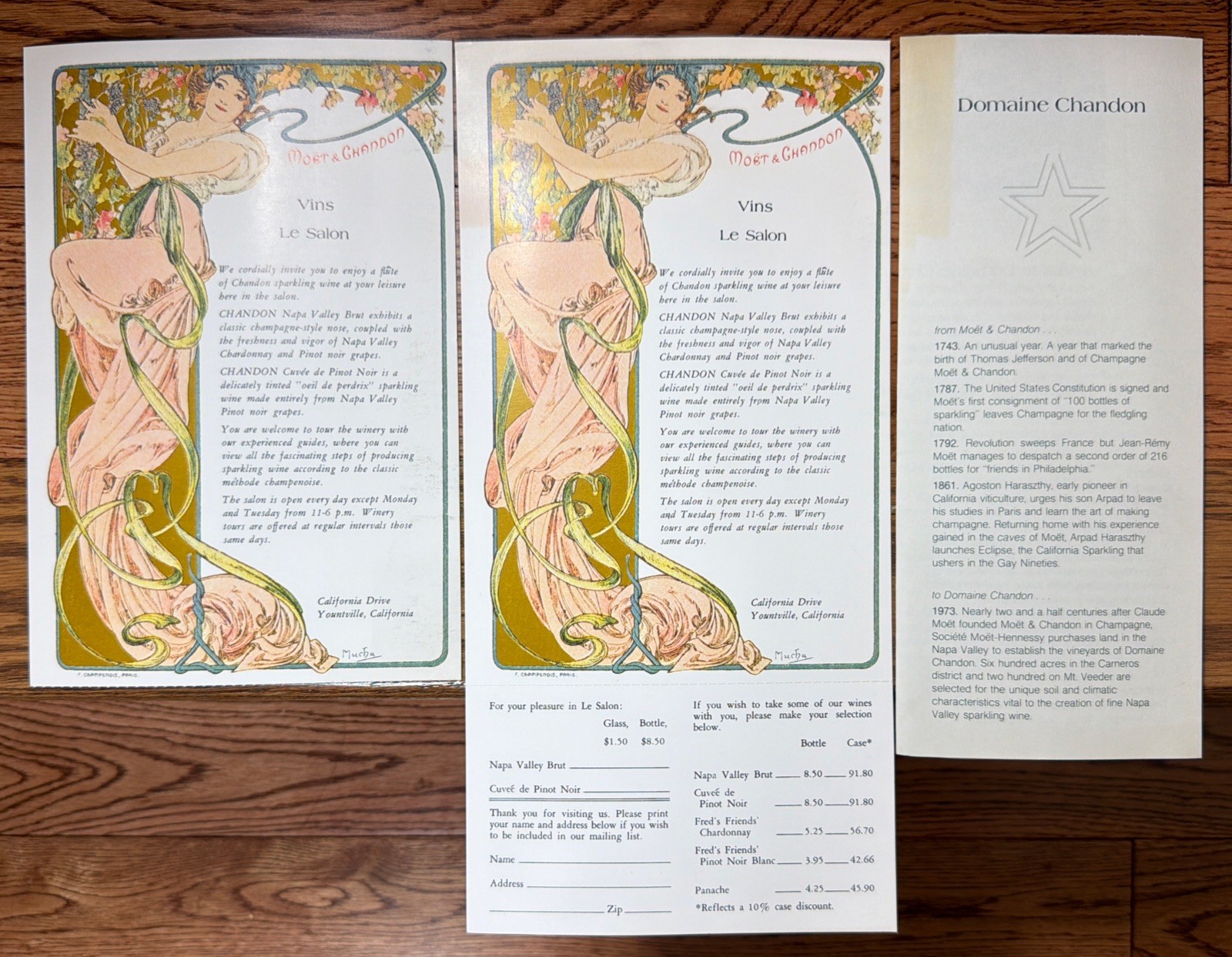 Vintage 1970s Domaine Chandon Napa Valley Mucha Art Menu Cards & Winery Brochure