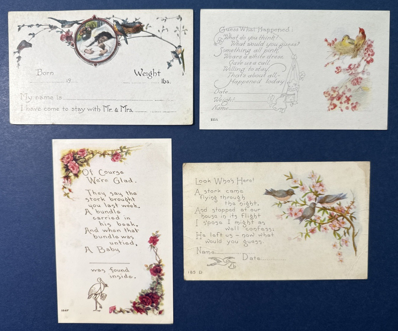 Birth Announcements 4 Antique Postcards. Storks, Babies, Birth Info, Unposted