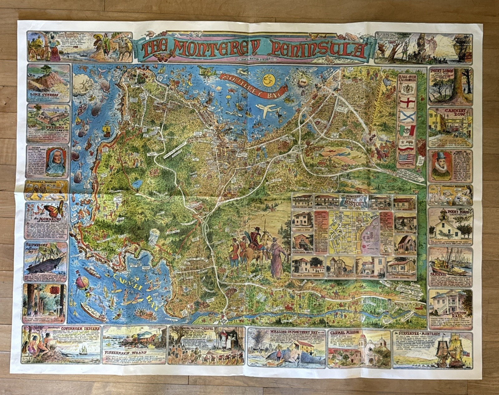 Vintage Monterey Bay California Map by Richard Bibler 1970 Large 30x40 Print