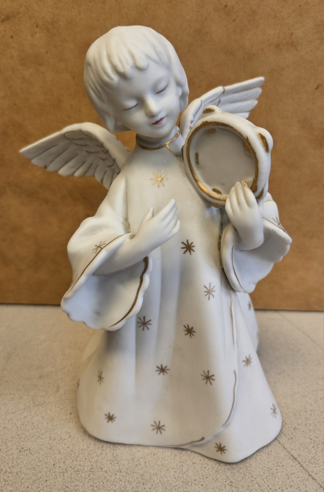 Vintage Schmid Angel Tambourine Porcelain Girl Angel Figurine MISSING MUSIC BOX